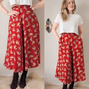 90s Red Floral High Waist Vintage Maxi Skirt